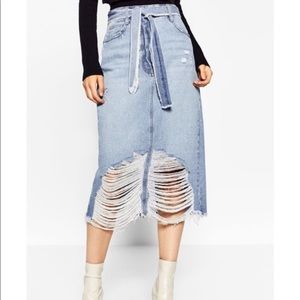 Zara Distressed Denim Midi Skirt